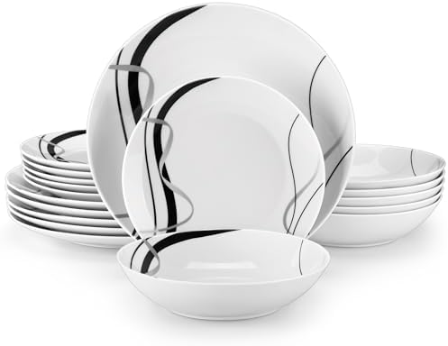 VEWEET Porcelain Dinnerware Sets for 6, 18 Piece Plates Bowls Set, FIONA by VEWEET