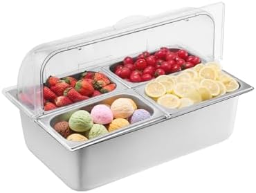 VEVOR Countertop Food Serving Display Container, 4 Pan Stainless Steel Food Serving Tray, Buffet Condiment Dispenser Display Rack with Clear Lid & 3 Freezer Boxes, for Restaurant Hotel Kitchen Party by VEVOR