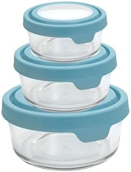 Anchor Hocking TrueSeal Round Glass Food Storage Containers with Airtight Lids, Mineral Blue, 6 Piece Set (3 Containers with Lids) by AnchorHocking