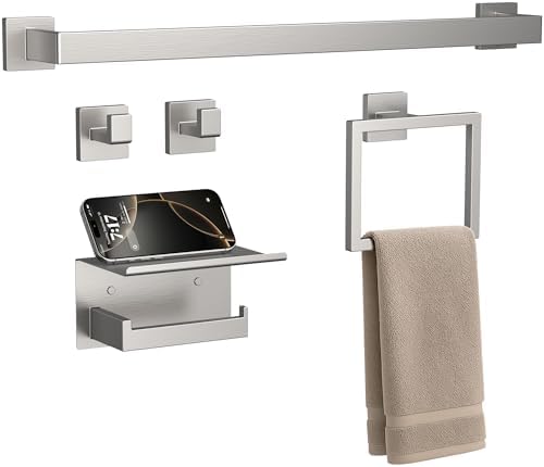 5-Piece Brushed Nickel Bathroom Accessories Set, 23.6 Inch Bathroom Hardware Set, Stainless Steel Bath Towel Bar Set, Toilet Paper Holder with Shelf, Towel Hooks, Towel Ring Wall Mounted by JIXB