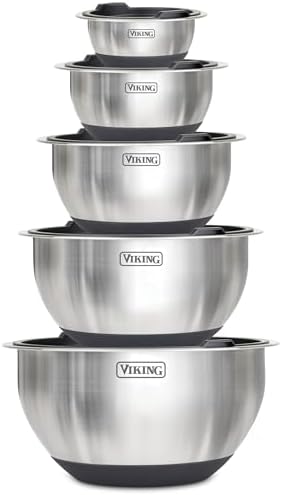 Viking Mixing Bowls Set, 10 Piece Stainless Steel Kitchen Cookware, Non-Slip Silicone Base, Includes Tight Fit Lids, Dishwasher Safe, Black by Unknown