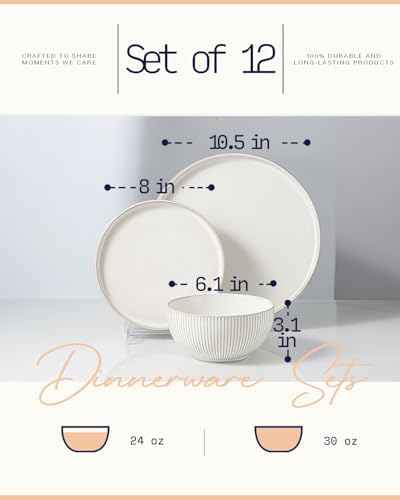 Getstar Dinnerware Sets, Plates and Bowls Sets (10.5” Dish + 8” Dish + 6” Bowl) for 4, Microwave and Dishwasher Safe, Ceramic Dinnerware Set (12 Piece) - Image 4