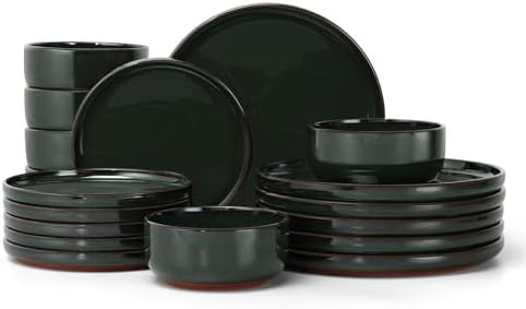 E-far Stoneware Dinnerware Sets for 6, 18 Pieces Reactive Glaze Plates and Bowls Sets, Elegant Dishes with Rustic Terracotta Clay Base, Dishwasher & Microwave Safe, Scratch Resistant, Blackish Green by E-far