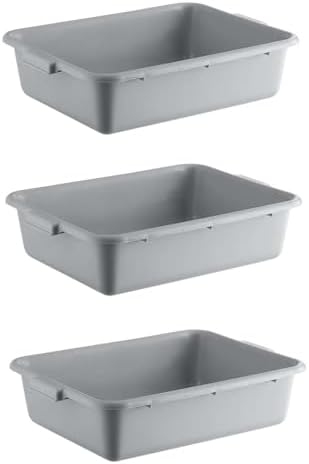 3-Pack 20" x 15" x 5" Commercial Bus Tub/Bus Box - 6.5 Gallons without Lid - Stackable Dish Storage Boxes for Home Kitchen, Pantry, or Garage Organization – Heavy-Duty and Freezer-Safe - Gray by SunSierra