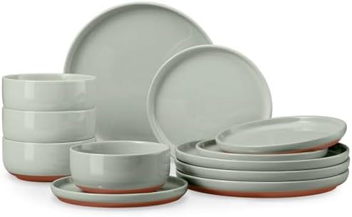 E-far Plates and Bowls Sets, 12Pcs Stoneware Ceramic Dinnerware Dishes Sets by E-far