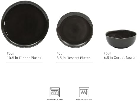 Gibson Elite Nardini 12 Piece (Service for 4) Plates and Bowls Reactive Glaze Dishes Stoneware Ceramic Dinnerware Set - Black - Image 2