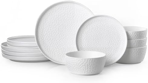 KINGSTONE 12-Piece Hammered Ceramic Dinnerware Sets, White by KINGSTONE