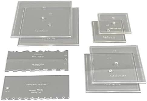 CAKESAFE Square Bare Necessities Cake Decorating Acrylic Disk Kit – 3 Sets -Square 4.5”, 6.5” and 8.5” Disk Sets (2 disks per size), 2-8" Icing Scrapers with 1 Scraper Edge and 3 Cake Comb Patterns by CAKESAFE