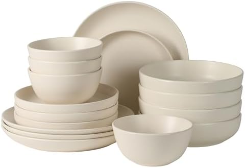 Gibson Elite Leeds Court Plates and Bowls Sets, 16-Piece Stoneware Dinnerware Sets, Cream White, Round Speckle Reactive Glaze Dish Set by GibsonHomewares