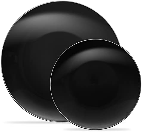 PLASTICPRO 32 Piece Combo Plate Set includes 16-7'' inch Plates & 16-10'' inch Plate Black Plates with Silver Rim Plastic PartyPlate Premium heavyweight Elegant, Disposable, Tableware, Dishes, by PLASTICPRO