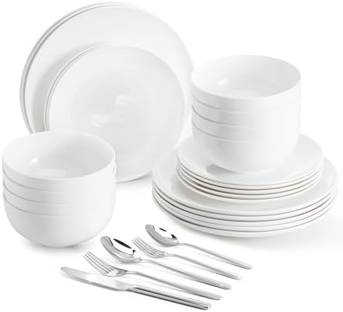 KINGSTONE 12pc Bone China Dinnerware Set with 20pc Flatware, White, for 4 by KINGSTONE