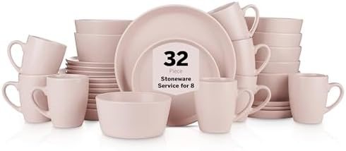 Stone Lain Albie Stoneware 32-Piece Modern Dinnerware Set, Kitchen Plates and Bowls Sets, Service for 8, Pink, Microwave & Dishwasher Safe by Unknown