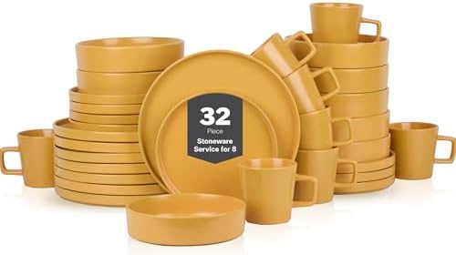 Stone Lain Cleo Modern Stoneware 32-Piece Dinnerware Set, Plates and Bowls Set, Pasta Bowls, Dish Set Service For 8, Yellow by Unknown