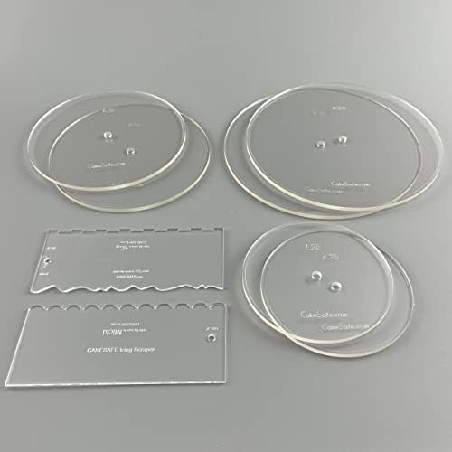 CAKESAFE Essential Cake Decorating Acrylic Disk Kit - 3 Sets - Round 6.25", 8.25", 10.25" Disk Sets (2 disks per size), 2-8" Icing Scrapers with 1 Scraper Edge and 3 Cake Comb Patterns - Image 2
