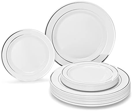 OCCASIONS 240 Plates Pack,(120 Guests) Heavyweight Premium Wedding Party Disposable Plastic Plates Set -120 x 10.5'' Dinner + 120 x 7.5'' Salad/Dessert (White & Silver Rim) by OCCASIONSFINESTPLASTICTABLEWARE