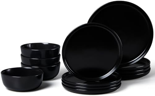 LIANYU Porcelain Dinnerware Sets, 12 Piece Dishes Set for 4, Black Onyx by LIANYU