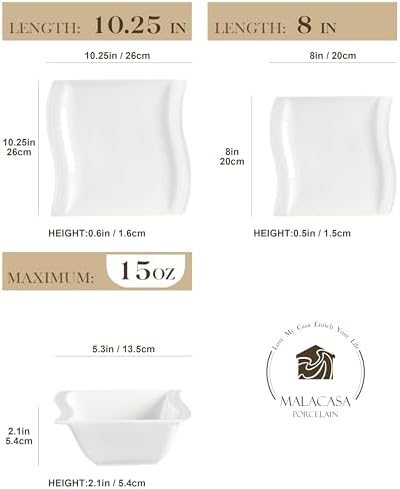 MALACASA Ivory White Dinnerware Set, 12 Pieces - Porcelain Dinner Plates, Dessert Plates and Bowls, Square Flora Pattern - Image 2