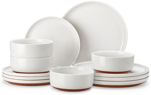 MALACASA Plates and Bowls Sets, 12 Pieces Modern Stoneware Dinnerware Set for 4 Kitchen Dinner Set Ceramic Dishware Dishes Set Microwave and Dishwasher Safe, White, Series TARA by MALACASA