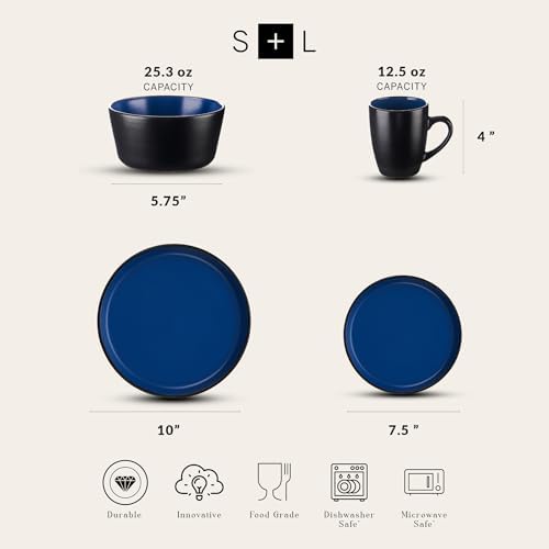 Stone Lain Albie Stoneware 32-Piece Modern Dinnerware Set, Kitchen Plates and Bowls Sets, Service for 8, Blue and Black, Microwave & Dishwasher Safe - Image 2