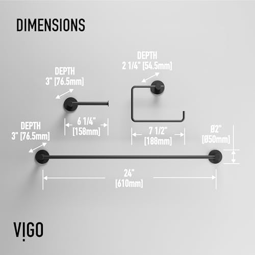 VIGO Cass 3 Pieces Bathroom Hardware Set, 24 inch Towel Bar, Hand Towel Holder, Toilet Paper Holder Wall Mounted, Stainless Steel Bath Accessory Set Matte Black Finish - Image 5