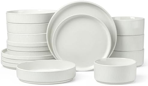 LIANYU 16 PCS Ribbed Dinnerware Sets with Pasta Bowls for 4, Speckled White by LIANYU