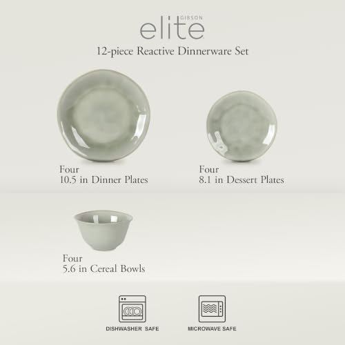 Gibson Elite Port Barton Plates and Bowls Sets, 12-Piece Stoneware Dinnerware Sets, Reactive Glaze Dish Set - Green - Image 2