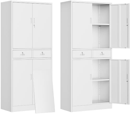 CJF Metal Storage Cabinet with Adjustable Shelves and Drawers, 71" H Locking Pantry Storage Cabinet for Office, Garage, Home, School, Utility (White) by CJF