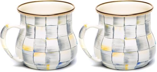 MACKENZIE-CHILDS Enamel Mug, Cute Enamelware Coffee and Tea Mug, Unique Drinkware, 16 Ounces, Gray-and-White Sterling Check, Set of 1 (Pack of 2) by Unknown