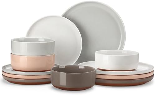 MALACASA Plates and Bowls Sets, 12 Pieces Modern Stoneware Dinnerware Set for 4 Kitchen Dinner Set Ceramic Dishware Dishes Set Microwave and Dishwasher Safe, Multicolor, Series TARA by MALACASA