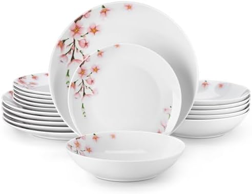 VEWEET Porcelain Dinnerware Sets for 6, 18 Piece Pink Plates Bowls, ANNIE by VEWEET