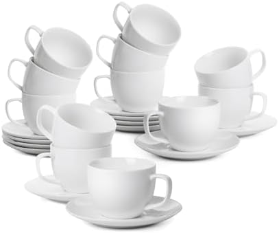 BTaT- Cappuccino Cups with Saucers 8 oz, Set of 12, White Porcelain Coffee Cup and Saucer Set for Latte, Mocha, Tea, Au Lait, Flat White, Dishwasher, Microwave, Freezer and Oven Safe by BrewToATea