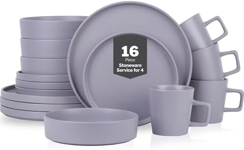 Stone Lain Cleo Stoneware 16-Piece Modern Dinnerware Set, Plates and Bowls, Light Gray, Service for 4, Microwave & Dishwasher Safe by Unknown