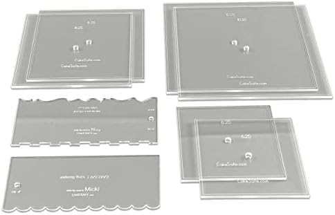 CAKESAFE Square Essential Cake Decorating Acrylic Disk Kit - 3 Sets - Square 6.25", 8.25", 10.25" Disk Sets (2 disks per size), 2-8" Icing Scrapers with 1 Scraper Edge and 3 Cake Comb Patterns by CAKESAFE