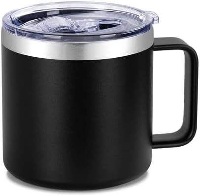 VEGOND 14 oz Insulated Coffee Mug with Handle, Stainless Steel Travel Coffee Mug with Lid, Double Wall Vacuum Metal Coffee Cup, Coffee Tumbler Powder Coated, Black 1 Pack by VEGOND