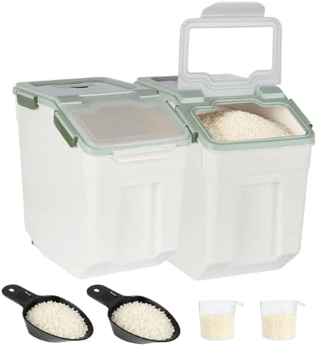 2 Pack Rice Container 50 lbs Large Bulk Flour Sugar Storage Holdhouse Plastic Grain Cereal Dry Goods Bin with Spoon and Measuring Cup for Kitchen Pantry Organization - Green by MXCELL