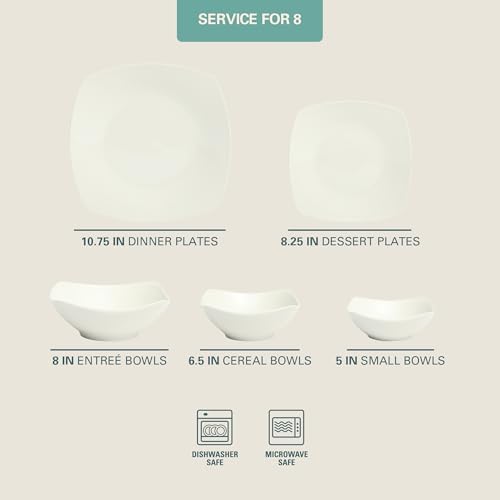 Gibson Home Brentwood 40-Piece Dinnerware Set – Square White Porcelain Plates and Bowls, Service for 8, Dishwasher & Microwave Safe, Modern Everyday Dinner Set with Cereal, Dessert, and Entrée Bowls - Image 2