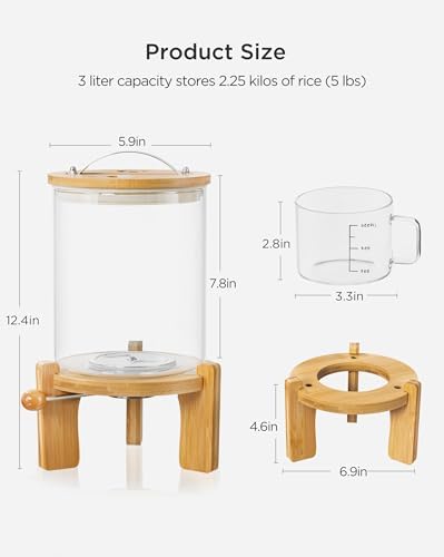 HBlife 5-7 Lbs Glass Rice Dispenser with Wooden Stand Flour and Cereal Container with Glass Measuring Cup Pantry Food Organization Storage Bin with Airtight Bamboo Lid, 3L - Image 2