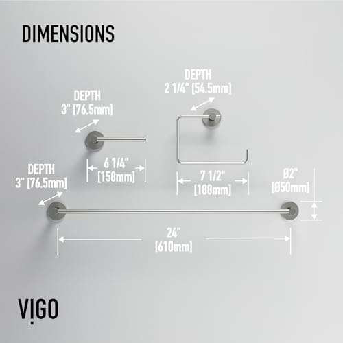 VIGO Cass 3 Pieces Bathroom Hardware Set, 24 inch Towel Bar, Hand Towel Holder, Toilet Paper Holder Wall Mounted, Stainless Steel Bath Accessory Set Brushed Nickel Finish - Image 5