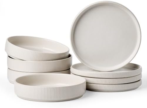 Stoneware Dinnerware Sets for 4, 8-Piece Wide Pasta Bowls and Salad Plates by FamiwarePremium