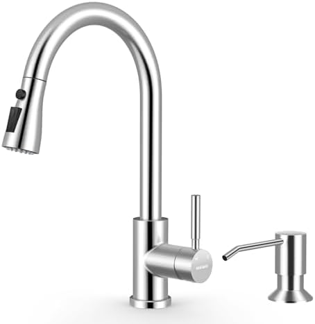 WEWE Pull-Down Kitchen Faucet with Soap Dispenser Set, Polished Chrome by WEWE