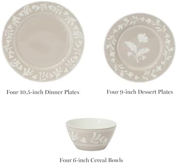 Martha Stewart Dinnerware Set - Maiden Crown 12-Piece Dish Set, Taupe – New Bone China Ceramic Plates & Bowls – Floral Design – Service for 4 – Microwave & Dishwasher Safe - Image 3