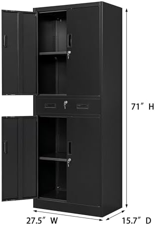 CJF 71" H Tall Metal Storage Cabinet with Drawer, Locking Garage Cabinet with 2 Adjustable Shelves, Heavy-Duty Tool File Storage Cabinets for Home Office, Kitchen, Warehouse, Shop (Black) - Image 3