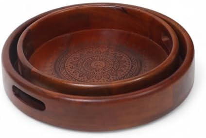 Vesta Homes Set of 2 Aurelia Premium Wood Round Serving Tray for Home/Kitchen/Restaurant/Office Organizer/Dining Table|Premium Wooden Trays|35.5 X 35.5 ; 30.5 x 30.5 cm | Handcrafted in India by VESTAHOMES