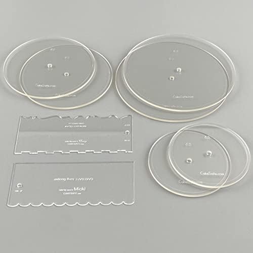 CAKESAFE Essential Cake Decorating Acrylic Disk Kit - 3 Sets - Round 6.5", 8.5", 10.5" Disks Sets (2 disks per size), 2-8" Icing Scrapers with 1 Scraper Edge and 3 Cake Comb Patterns - Image 2