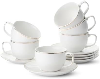 BTaT- Cappuccino Cups with Saucers 6 oz, Set of 6, White Porcelain Coffee Cup and Saucer Set for Latte with Golden Trim Design, Dishwasher Safe, Mocha, Tea, Au Lait, Flat White by BrewToATea