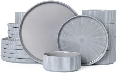 Stoneware Dinnerware Sets for 6, 18-Piece Plates and Bowls Set, Smoky Blue by ALOFMO