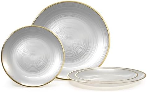 " OCCASIONS " 240 Plates Pack,(120 Guests) Premium Wedding Party Disposable Plastic Plates Set -120 x 10'' Dinner + 120 x 7'' Salad/Dessert (Belize in White Pearl & Gold) by OCCASIONSFINESTPLASTICTABLEWARE