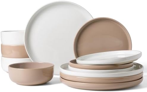 Famiware Milkyway 12-Piece Stoneware Dinnerware Set, White & Cinnamon Brown by Famiware