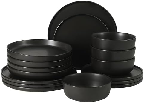 Gibson Elite Bayou Moon Plates and Bowls Sets, 16-Piece Black Matte Stoneware Dinnerware Sets, Solid Color Reactive Glaze Dish Set by GibsonHomewares