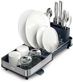 Joseph Joseph Extend Slim Steel Expandable Dish Drying Rack with Removable Cutlery Holder and Swivel Draining Spout, Compact Design, Grey by Unknown